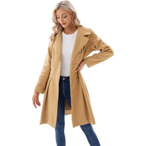 ✨Women's Brown Fashion Trench Coat Notch Lapel Double Breasted Pea Coats Jacket